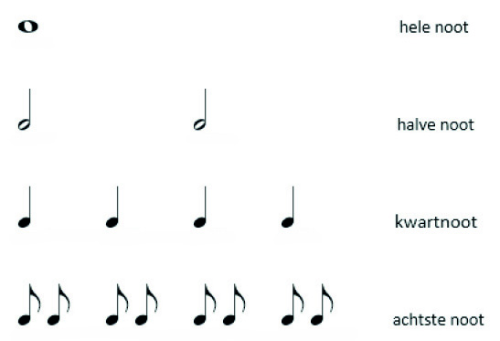 Muzieknoten hele noot, halve noot, kwartnoot en achtste noot in een schema.