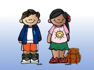 Illustratie van twee kinderen in vrolijk gekleurde kleding uit het kinderliedje De mooiste kleur. Thema Kleuren.