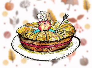 Illustratie van een kind dat op een appeltaart zit en zijn buikje heeft volgegeten uit het kinderliedje Appeltaart.