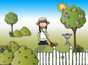 Illustratie van een meisje die tuiniert in haar tuintje. Uit het kinderliedje Dit is mijn tuintje. Thema tuinieren.