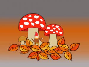 Illustratie van een kabouter bij een paddenstoel uit het kinderliedje Een paddenstoel stond in het bos. Thema Herfst.