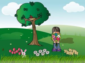 Illustratie van een meisje met een boeket lentebloemen uit het kinderliedje Het is lente.