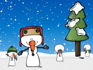 Illustratie van sneeuwpoppen die spelen in de sneeuw uit het kinderliedje Ik ben een sneeuwpop.