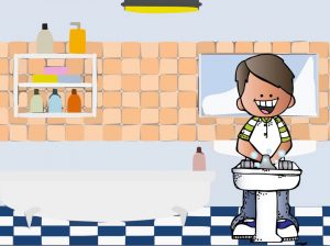 Illustratie van een jongetje die zijn handen wast in de badkamer uit het kinderliedje Ik was mijn handen. Thema Hygiene.
