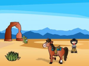 Illustratie van een paard in de woestijn en een cowboy. Uit het kinderliedje In galop.