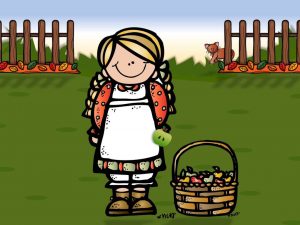 Illustratie van een meisje met een mandje met appels uit het kinderliedje In iedere kleine appel.