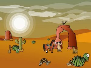 Illustratie van een schildpad in de woestijn. Uit het kinderliedje Kleine schildpad.