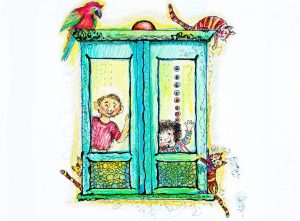 Illustratie van een vader met zijn dochtertje in een lift. Op de lift een papegaai poezen.