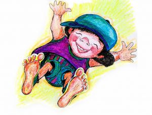 Illustratie van een jongetje die hoog in de lucht springt uit het kinderliedje Mijn lichaam.
