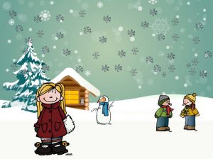 Illustratie van kinderen die heerlijk spelen in de sneeuw uit het kinderliedje Witte vlokjes.